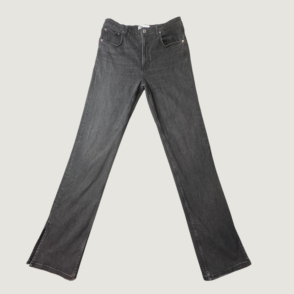 Zara Jeans Womens 12 Black The Skinny High Rise Split Hem Washed Denim Pants
